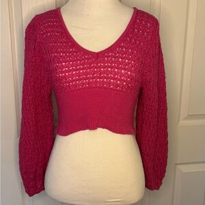 Willow & Wind Cropped Open-Knit V-Neck Sweater in Bright Pink